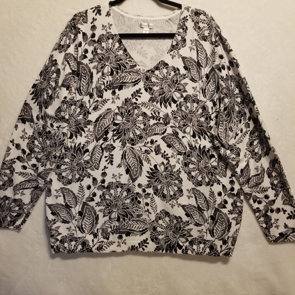 Croft & Barrow 2X Sweater 100% Cotton White Black Floral Lightweight Cottagecore